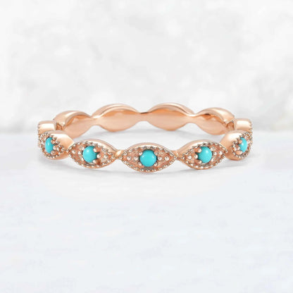 Vintage Round Cut Turquoise Milgrain Pave Band Stacking Ring
