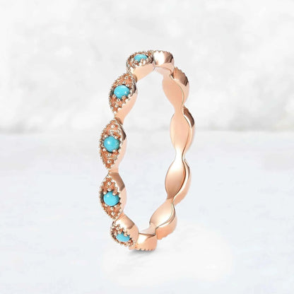 Vintage Round Cut Turquoise Milgrain Pave Band Stacking Ring