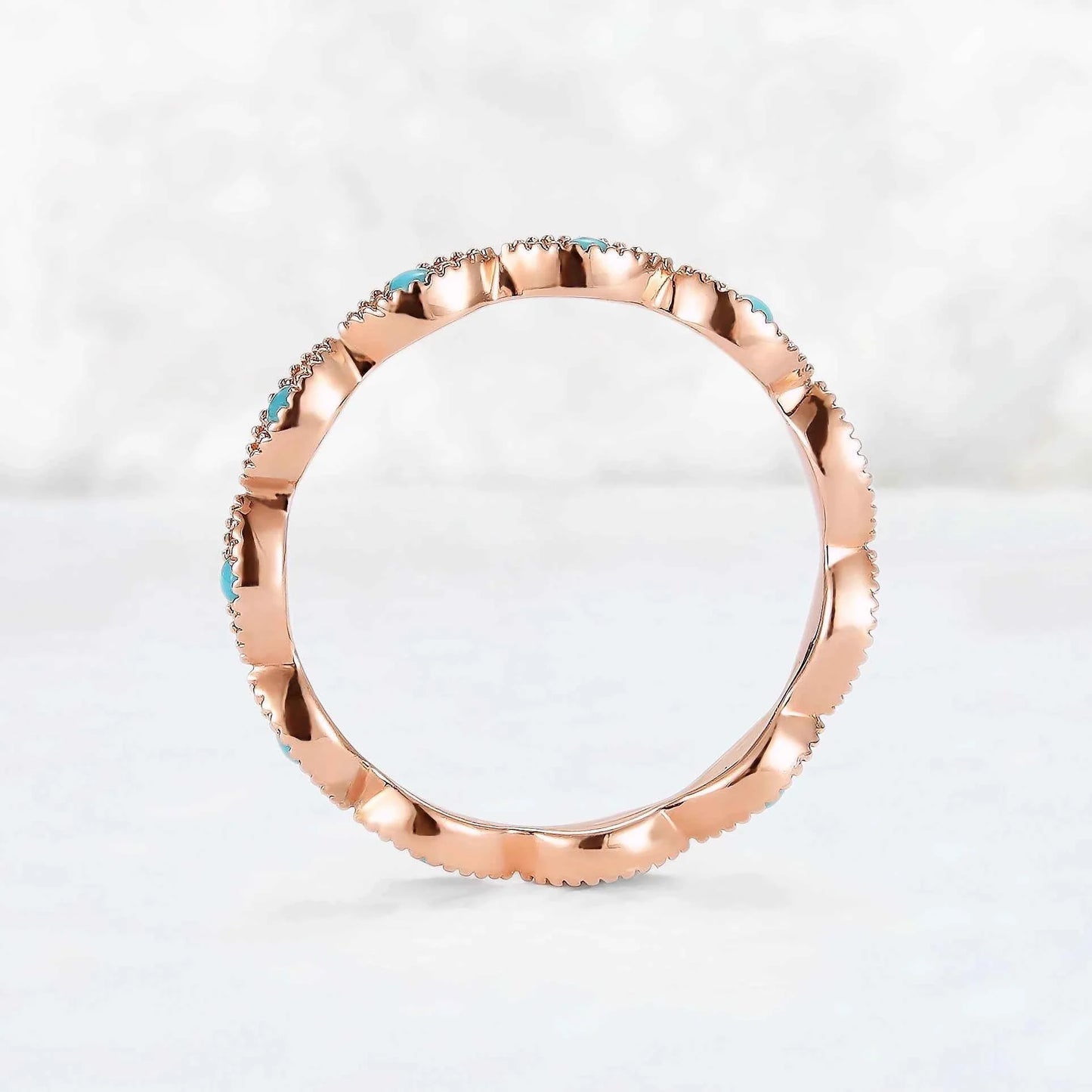 Vintage Round Cut Turquoise Milgrain Pave Band Stacking Ring