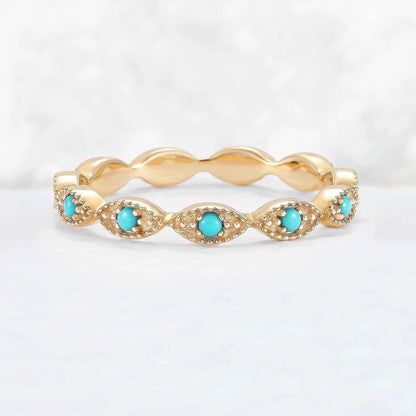 Vintage Round Cut Turquoise Milgrain Pave Band Stacking Ring