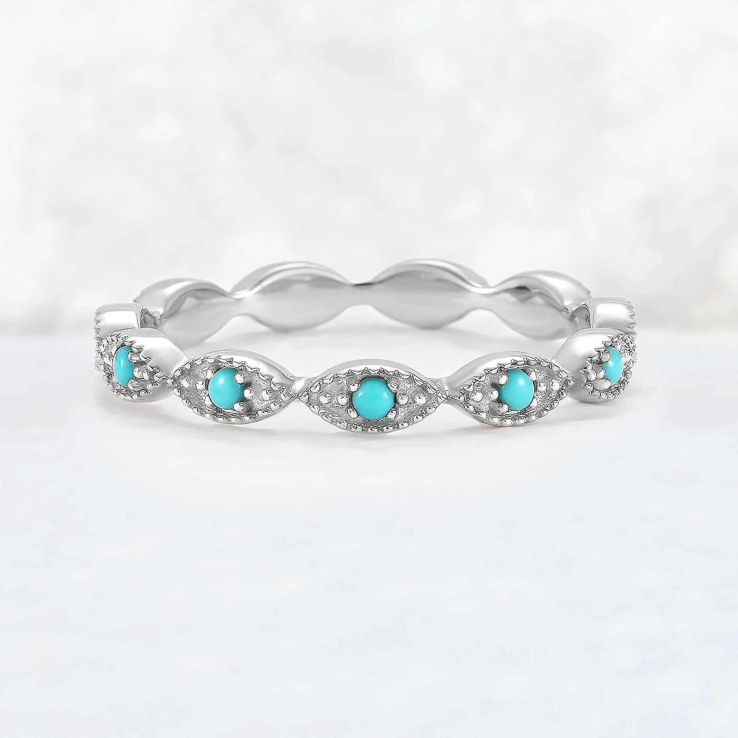 Vintage Round Cut Turquoise Milgrain Pave Band Stacking Ring