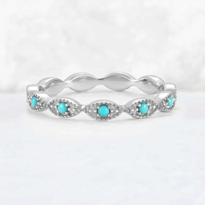 Vintage Round Cut Turquoise Milgrain Pave Band Stacking Ring