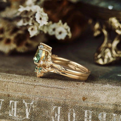 African Violet Inspired Green Sapphire Engagement Ring Set 2pcs - Amara - GemsMagic