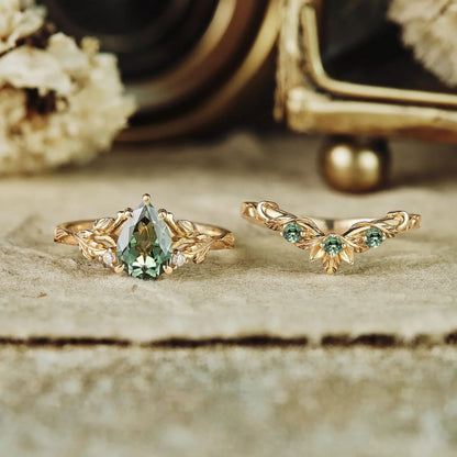 African Violet Inspired Green Sapphire Engagement Ring Set 2pcs - Amara - GemsMagic
