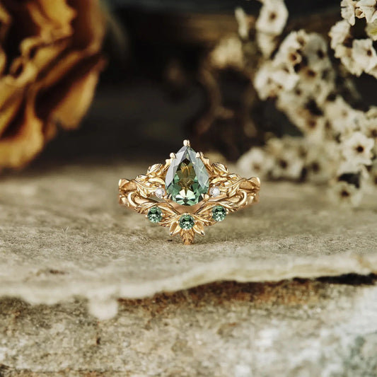African Violet Inspired Green Sapphire Engagement Ring Set 2pcs - Amara - GemsMagic