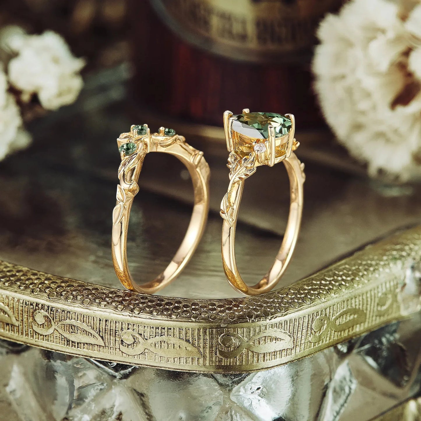 African Violet Inspired Green Sapphire Engagement Ring Set 2pcs - Amara - GemsMagic