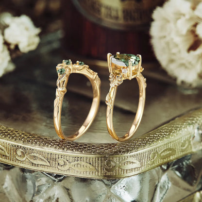 African Violet Inspired Green Sapphire Engagement Ring Set 2pcs - Amara - GemsMagic