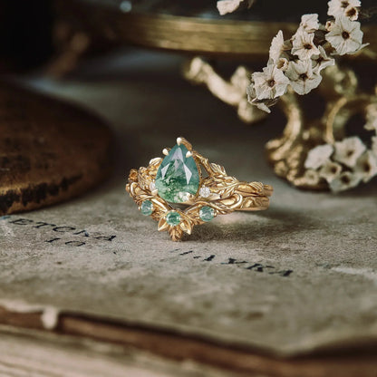 African Violet Inspired Moss Agate Engagement Ring Set 2pcs - Amara - GemsMagic
