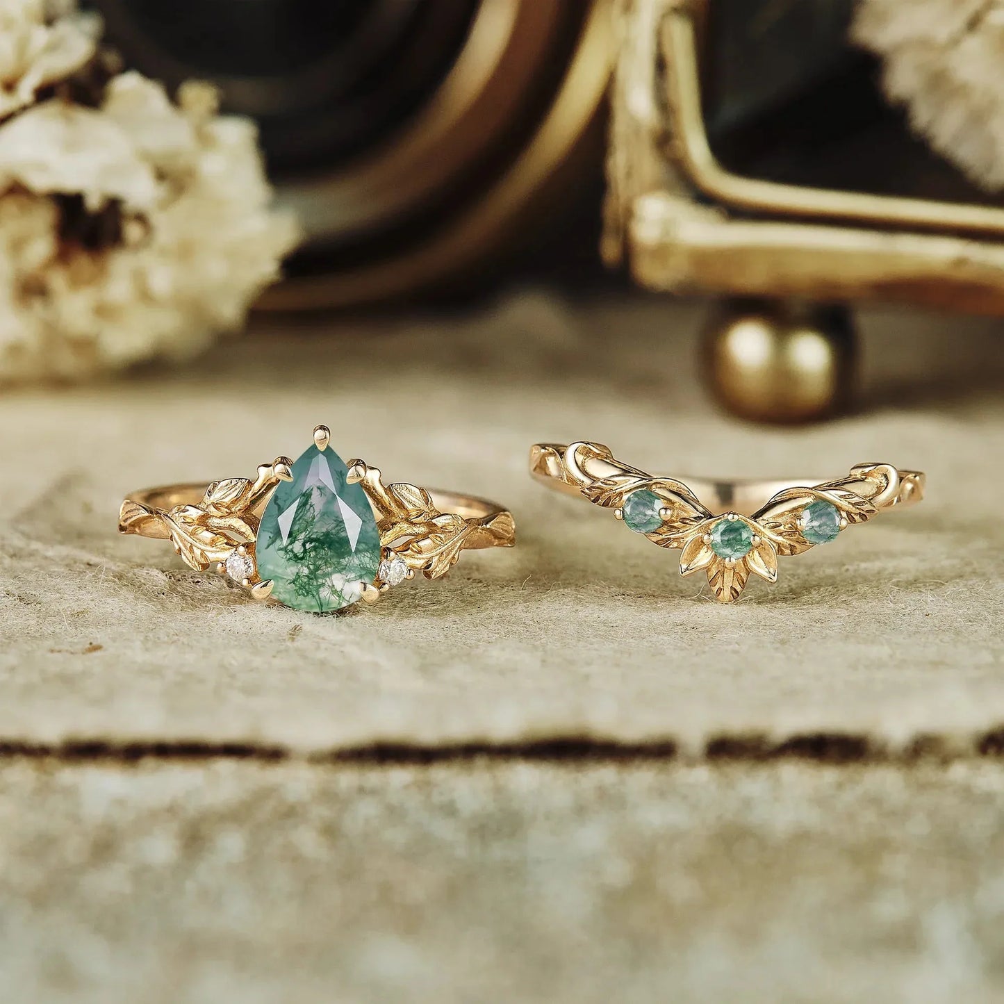 African Violet Inspired Moss Agate Engagement Ring Set 2pcs - Amara - GemsMagic