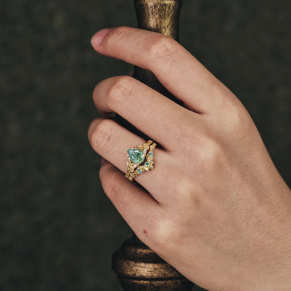 African Violet Inspired Moss Agate Engagement Ring Set 2pcs - Amara - GemsMagic