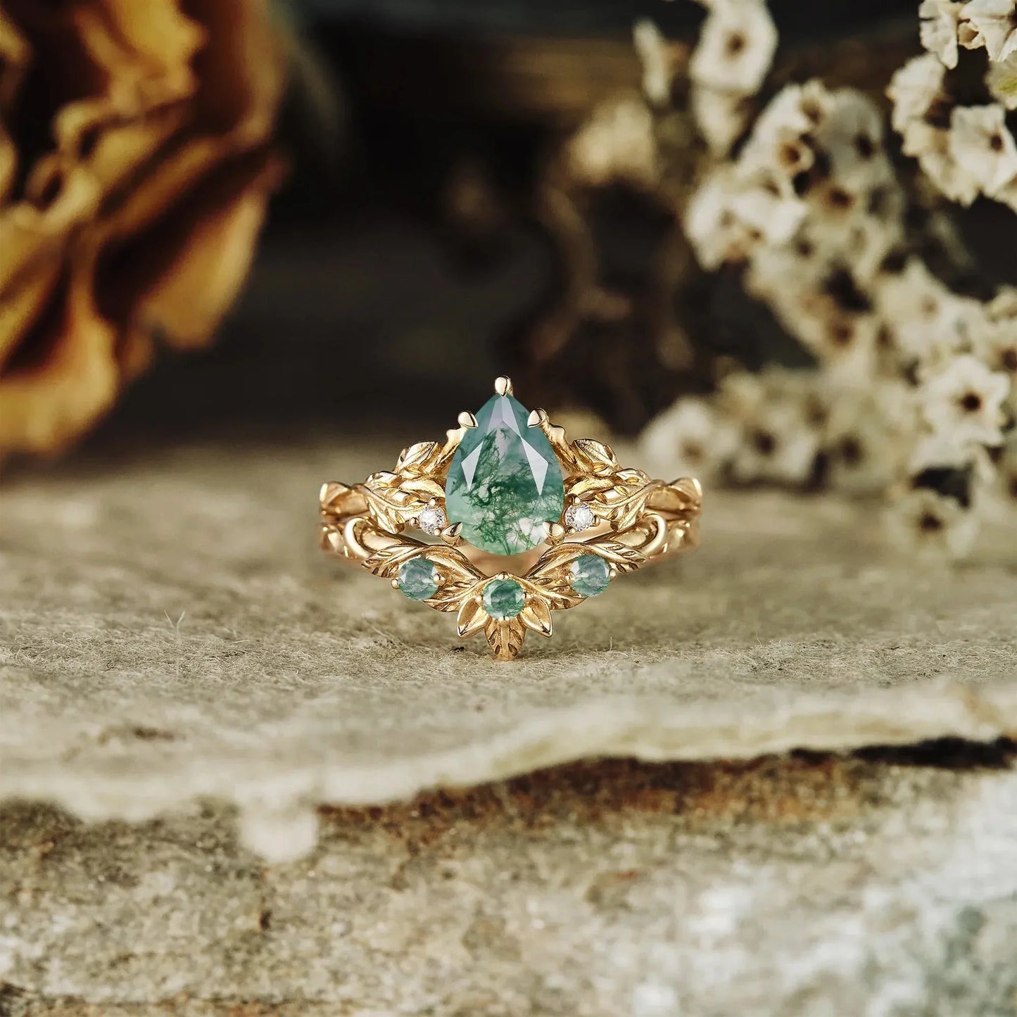 African Violet Inspired Moss Agate Engagement Ring Set 2pcs - Amara - GemsMagic