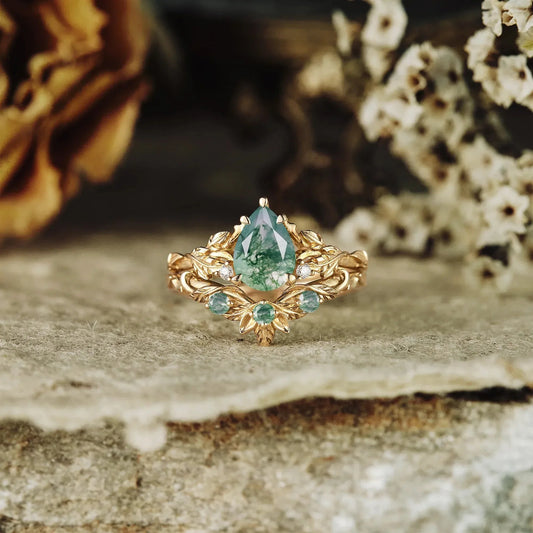 African Violet Inspired Moss Agate Engagement Ring Set 2pcs - Amara - GemsMagic