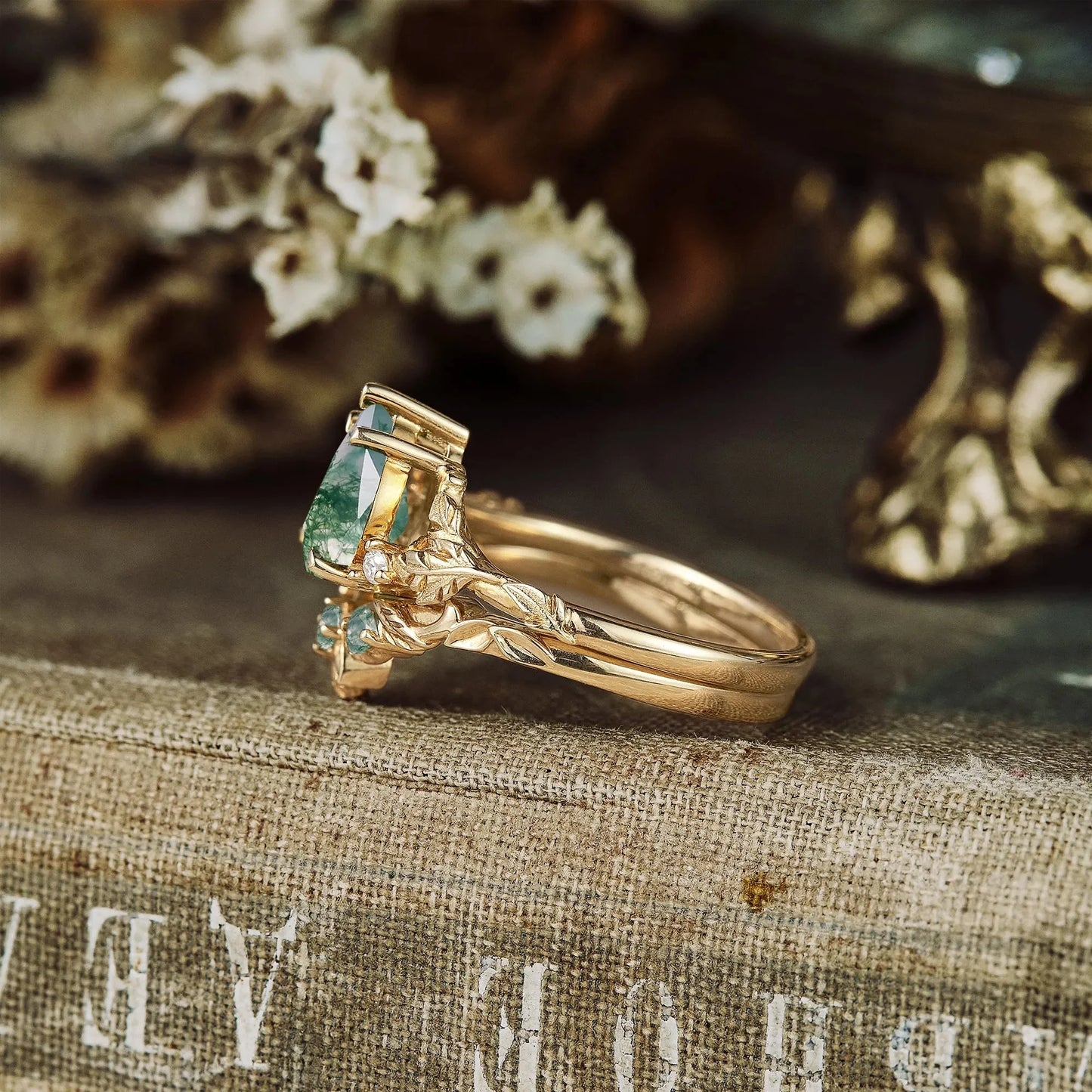 African Violet Inspired Moss Agate Engagement Ring Set 2pcs - Amara - GemsMagic
