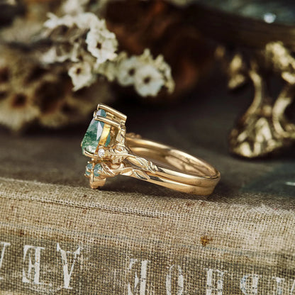 African Violet Inspired Moss Agate Engagement Ring Set 2pcs - Amara - GemsMagic