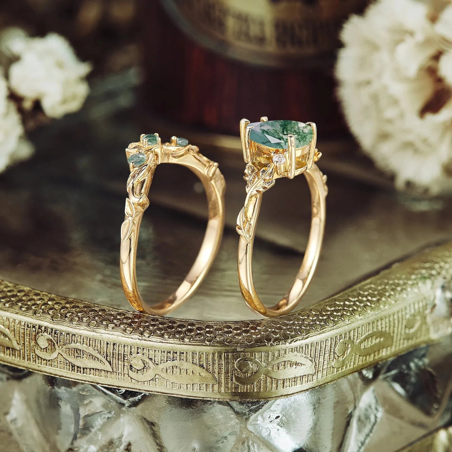 African Violet Inspired Moss Agate Engagement Ring Set 2pcs - Amara - GemsMagic