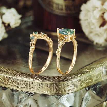 African Violet Inspired Moss Agate Engagement Ring Set 2pcs - Amara - GemsMagic