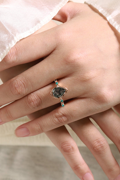 Pear Cut Black Rutilated Quartz Vintage Engagement Ring