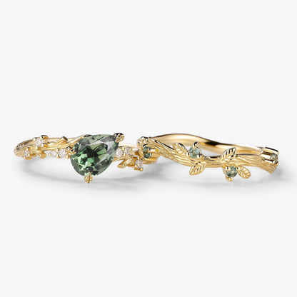 Nature-Inspired Sapphire Bridal Set – Pear Cut Sapphire Engagement Ring & Curved Green Sapphire Wedding Band 2Pcs Set