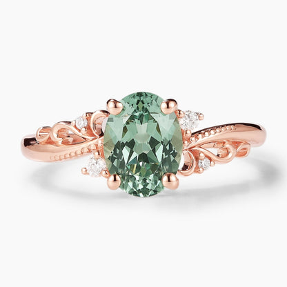 Oval Green Sapphire Vintage Milgrain Engagement Ring