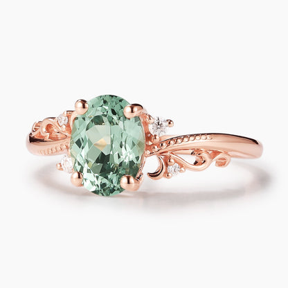 Oval Green Sapphire Vintage Milgrain Engagement Ring
