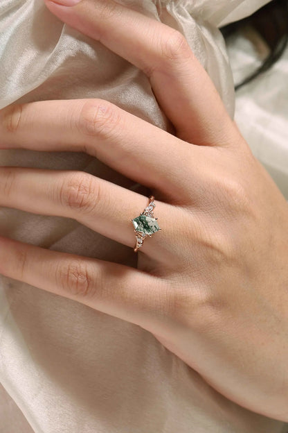 Leaf Inspired Hexagon Cut Moss Agate Engagement Ring