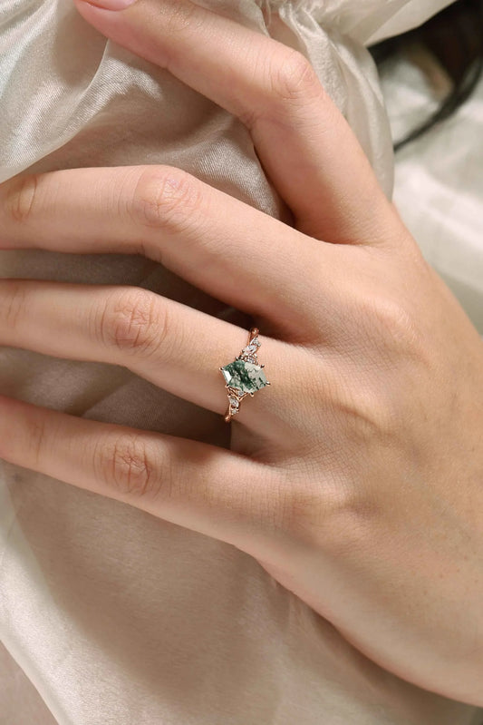 Leaf Inspired Hexagon Cut Moss Agate Engagement Ring
