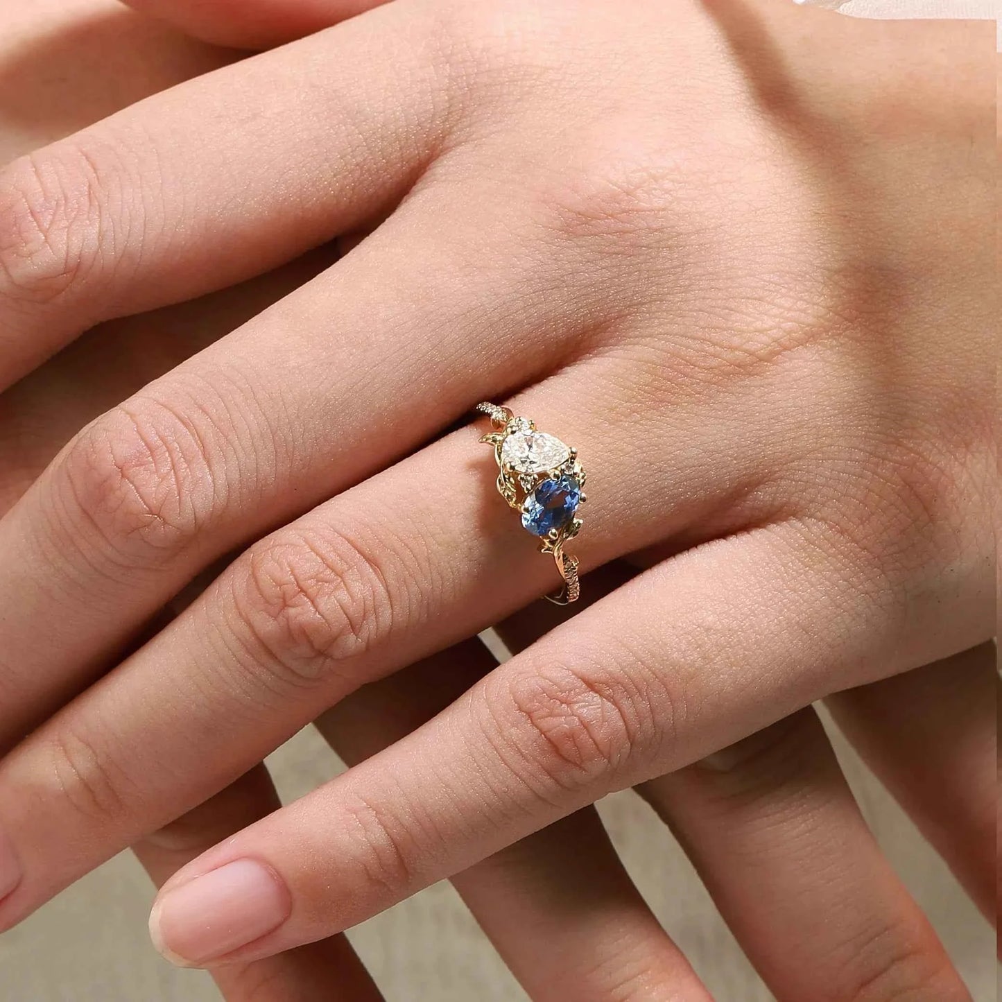 Nature-Inspired Leaf 2 Stone Ring Pear & Oval Cut Engagement Ring