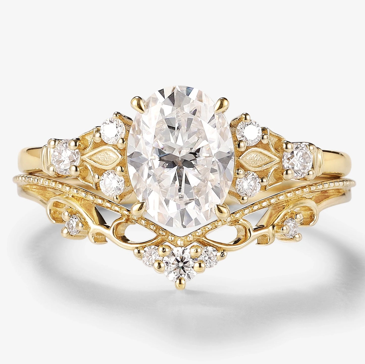 Oval Moissanite Engagement Ring Curved Wedding Band 2pcs