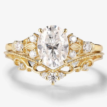 Oval Moissanite Engagement Ring Curved Wedding Band 2pcs