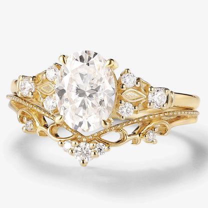 Oval Moissanite Engagement Ring Curved Wedding Band 2pcs