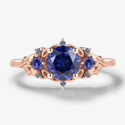 Vintage Leaf Stackable Round Royal Sapphire Engagement Ring