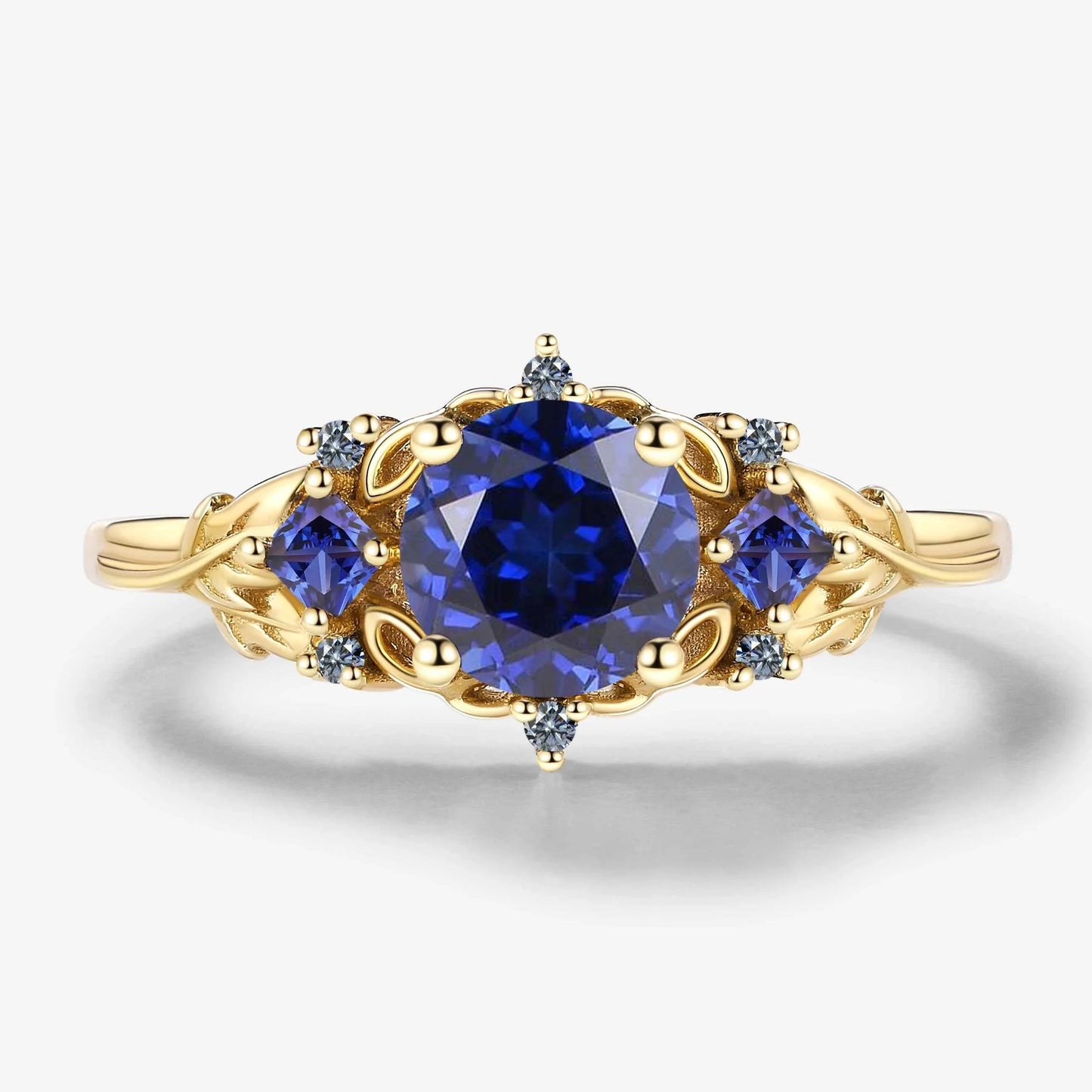 Vintage Leaf Stackable Round Royal Sapphire Engagement Ring