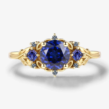 Vintage Leaf Stackable Round Royal Sapphire Engagement Ring