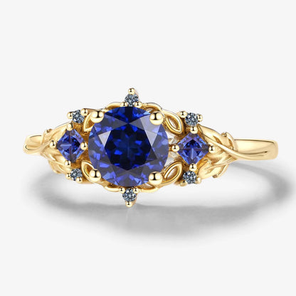 Vintage Leaf Stackable Round Royal Sapphire Engagement Ring