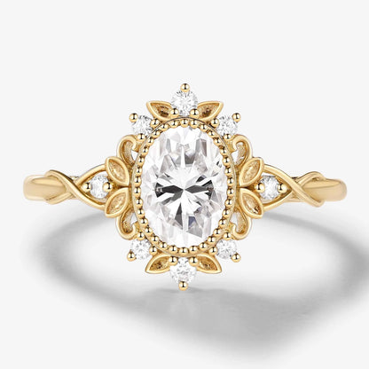 Vintage Leaf-Inspired Bezel Set Oval Cut Moissanite Engagement Ring