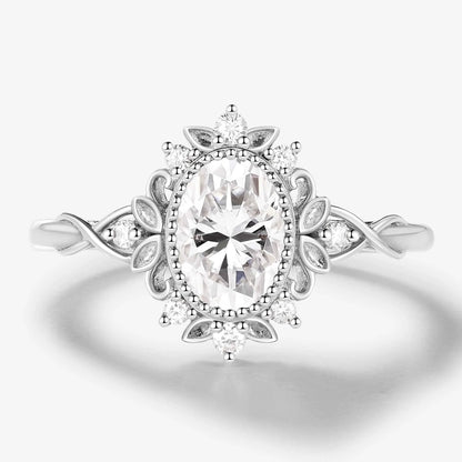 Vintage Leaf-Inspired Bezel Set Oval Cut Moissanite Engagement Ring
