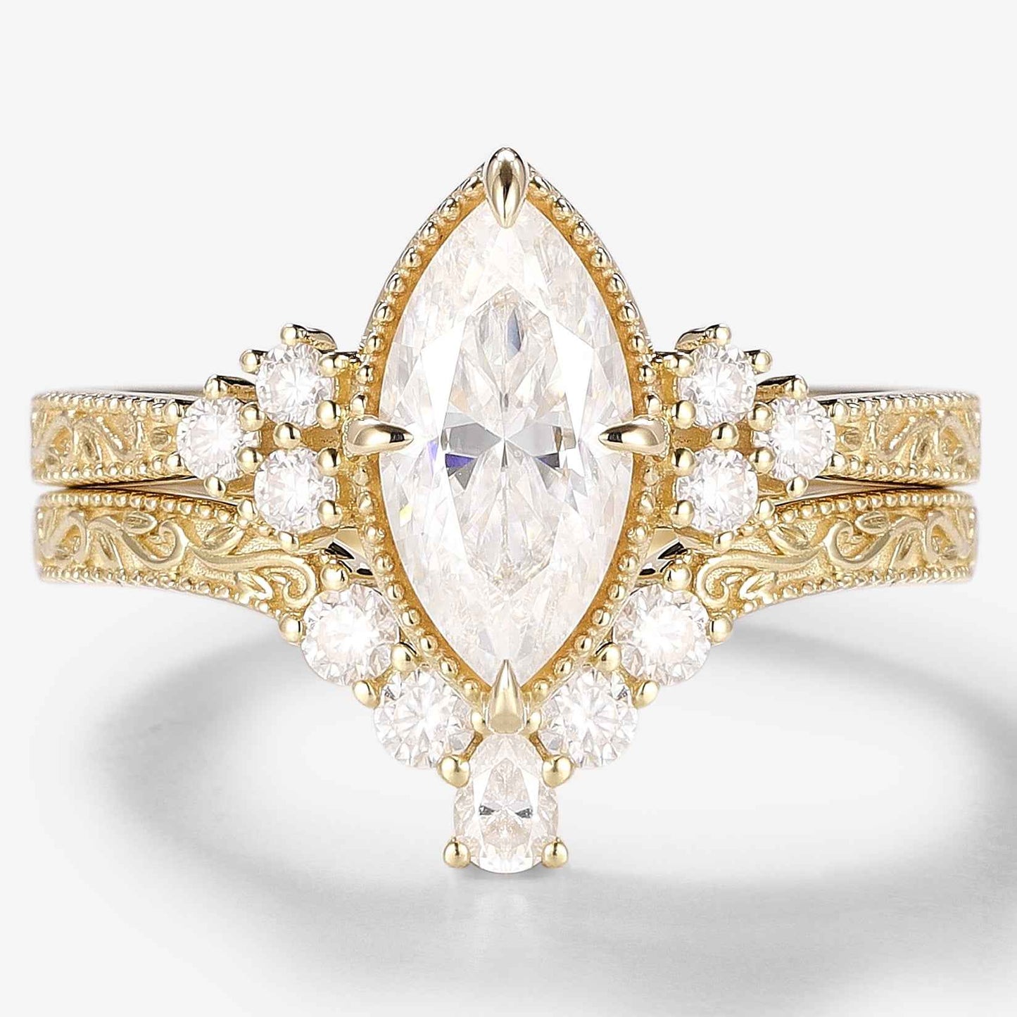 Marquise Cut Moissanite Vintage Victorian Style Engagement Ring Sets 2pcs