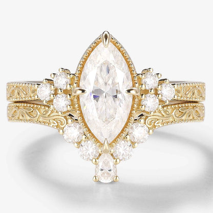 Marquise Cut Moissanite Vintage Victorian Style Engagement Ring Sets 2pcs