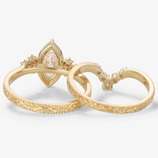 Marquise Cut Moissanite Vintage Victorian Style Engagement Ring Sets 2pcs