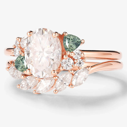 Oval Moissanite With Trangle Spinel Cluster Bridal Set 2pcs