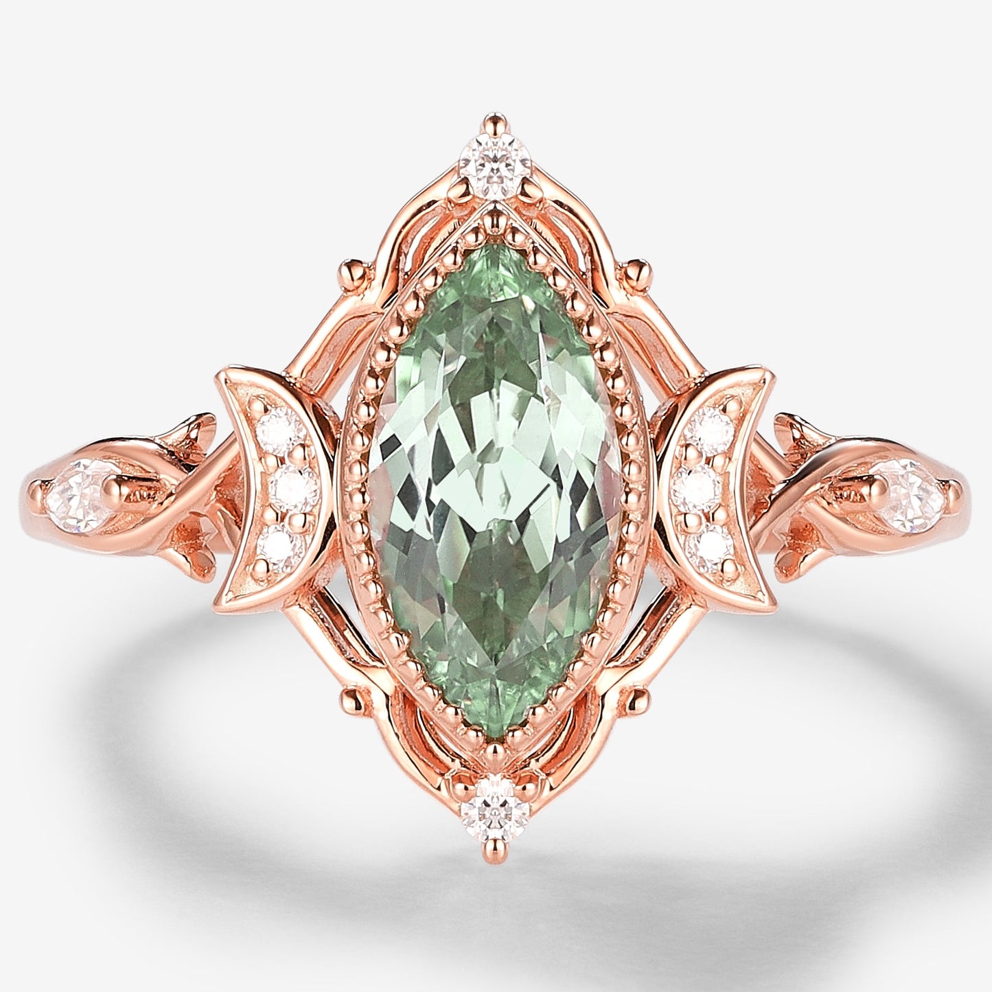 Marquise Green Sapphire Engagement Ring With Moon