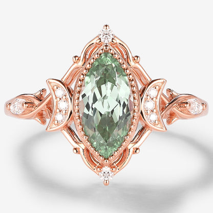 Marquise Green Sapphire Engagement Ring With Moon