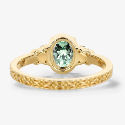 Vintage Engraved Green Sapphire Bezel Engagement Ring