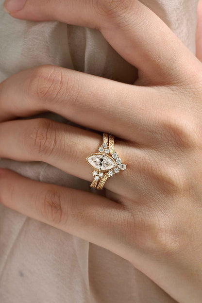 Marquise Cut Moissanite Vintage Victorian Style Engagement Ring Sets 2pcs