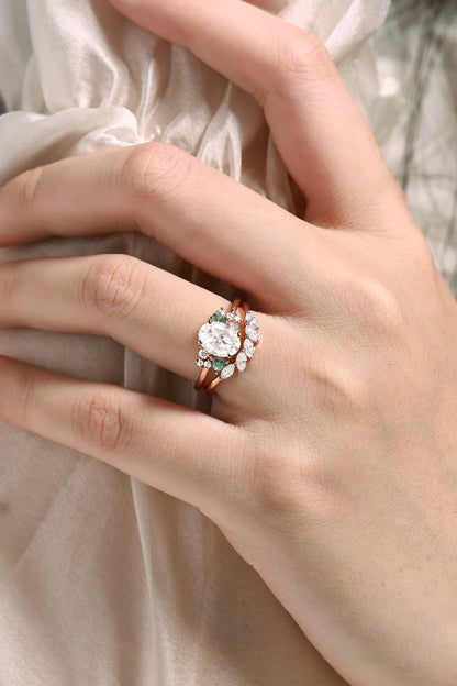 Oval Moissanite With Trangle Spinel Cluster Bridal Set 2pcs