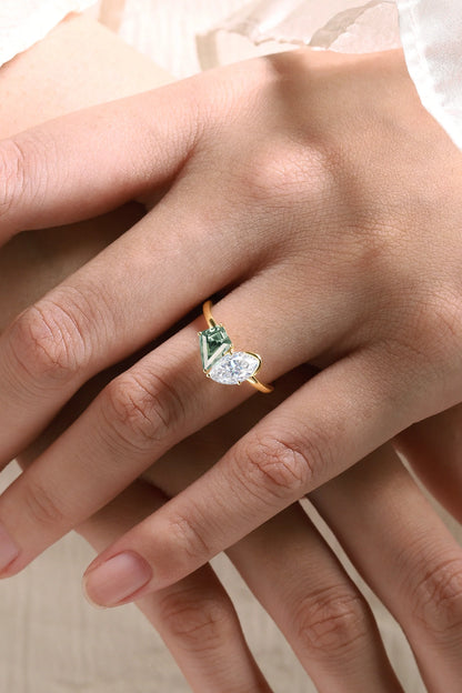 6x8mm Kite Cut Green Sapphire 5x9mm Marquise Moissanite Engagement Ring