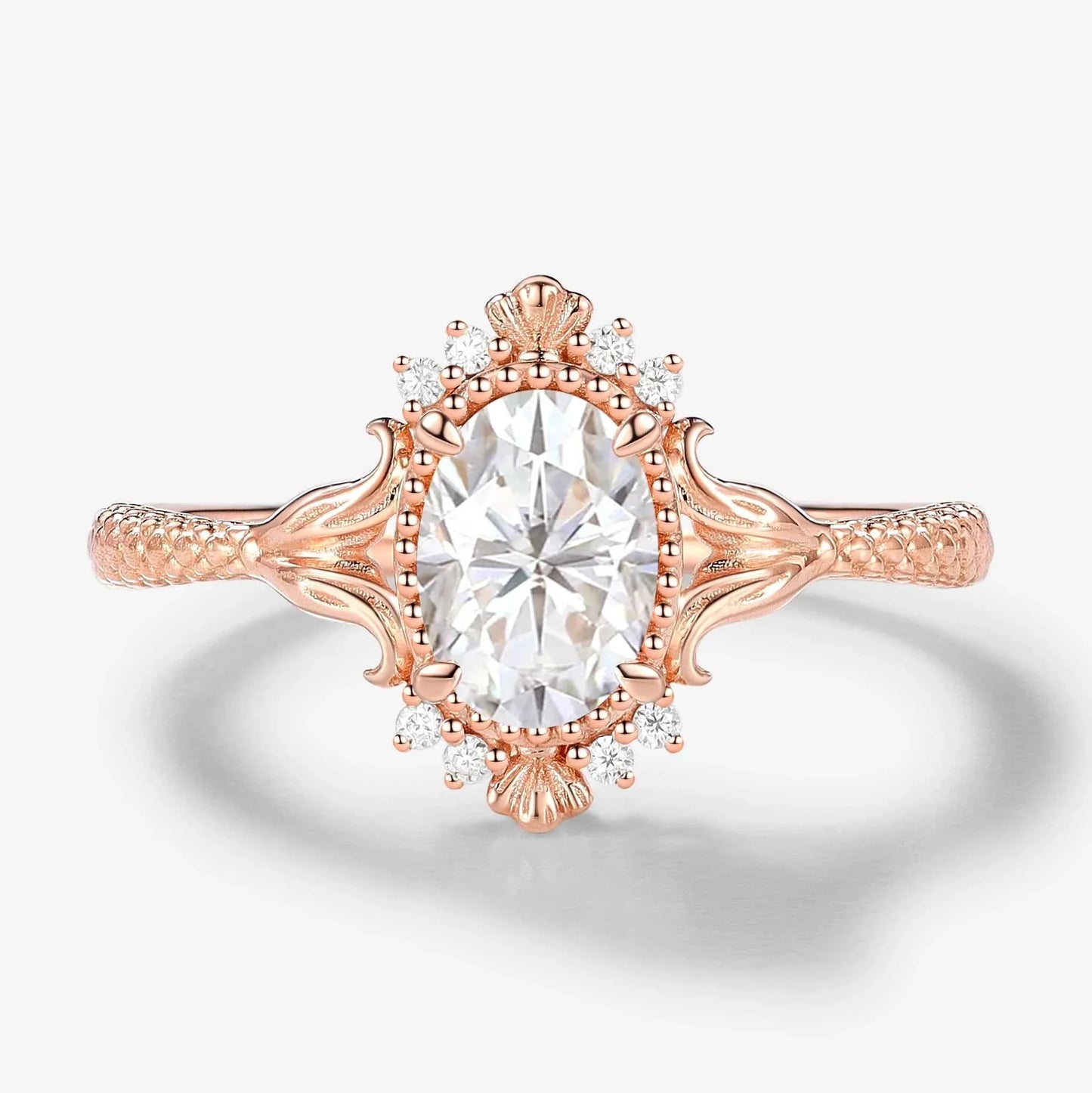 Vintage Ocean-Inspired Oval Cut Moissanite Mermaid Tail & Shell Engagement Ring - Sirena