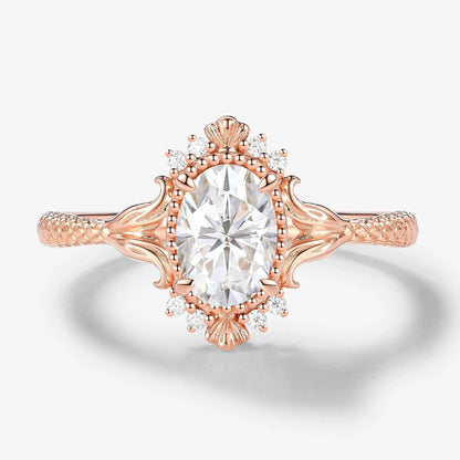 Vintage Ocean-Inspired Oval Cut Moissanite Mermaid Tail & Shell Engagement Ring - Sirena