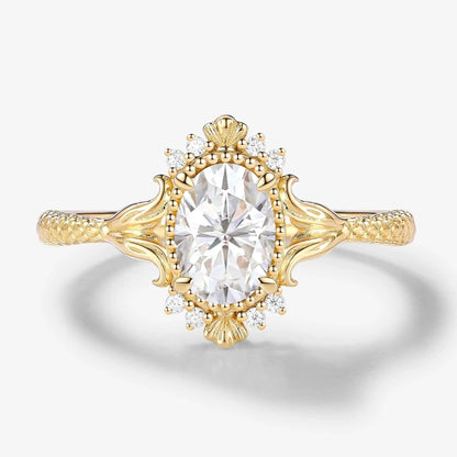 Vintage Ocean-Inspired Oval Cut Moissanite Mermaid Tail & Shell Engagement Ring - Sirena