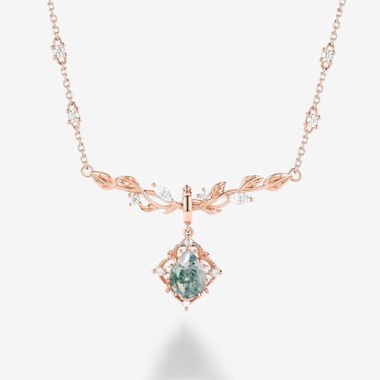 Nature Inspired Pear Cut Leafy Moss Agate Necklace